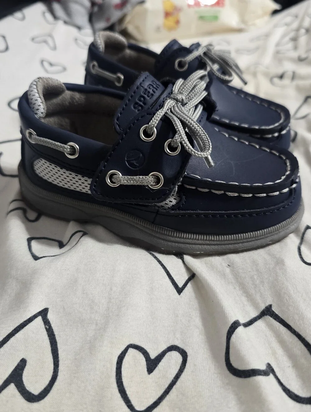 Sperry Navy and Gray Kids Moccasins